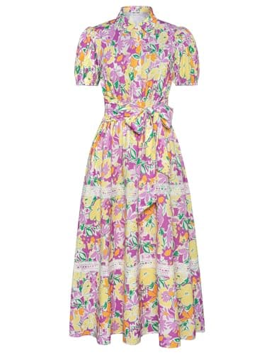 GRACE KARIN Women's 2026 Summer Floral Flowy Dresses Boho Tie Belt Short Puff Sleeve A Line Maxi Shirt Dress with Pocket Purple Yellow Small