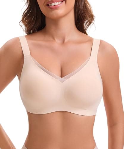 COMFBAY Women's Jelly Wireless Bras, V-Mesh Gel Seamless Comfortable Push-Up Bra, No Underwire Supportive T-Shirt Bralette, Back Smoothing Everyday Padded Bra, Full Coverage Bra, Nude, L