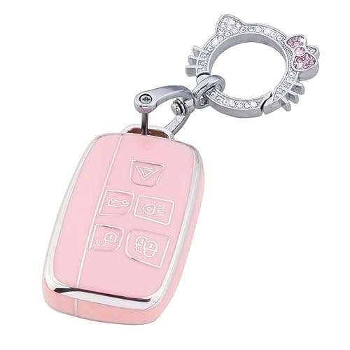 Pangpai Pink Key Fob Cover for Land Rover Jaguar, Soft TPU Key Case Protection with Bling Keychain Fit for Evoque Velar Sport Discovery Freelander2 LR4 Sport Jaguar XF XJ XE F-PACE F-TYPE