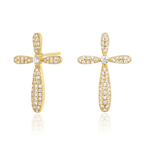 VALLOEY ROVER Cross Stud Earrings for Women 14K Gold Plated Cubic Zirconia Cross Earrings Stud 925 Sterling Silver Post Everyday Jewelry Gift for Women