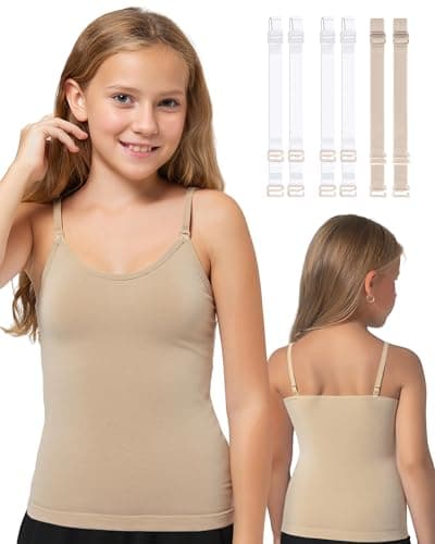 iMuchic Camisole Tank Tops for Girls, Stretch Undershirts Comfortable Camis with Clear Straps and Silicone Cover (US, Alpha, Small, Regular, Regular, Beige)