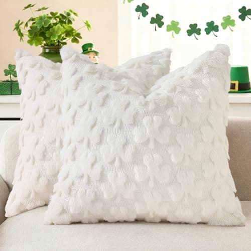 decorUhome Faux Fur Throw Shamrock Cream White Pillow Covers 16x16 Set of 2