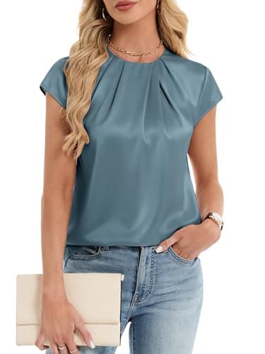 Funlingo Women's Silk Satin Blouse Summer Dressy Casual Cap Short Sleeve Tops Crew Neck Front Pleated Work Shirts Business Casual Outfits 2026 Grey Blue 2XL