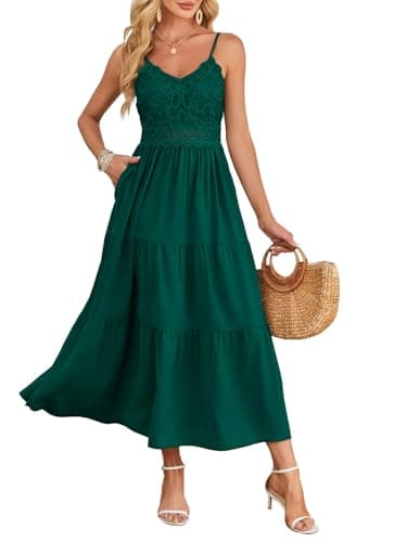Dokuritu Women's Beach Crochet Lace Maxi Dress Solid Color Summer Vacation Spaghetti Strap Long Dress 2025