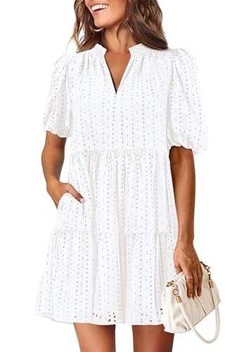 KIRUNDO Eyelet Summer Dresses for Women 2026 Mini Casual Hollow Out Short Sleeve Lace Tiered V Neck Shift Dress Pockets(White, Large)