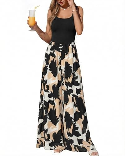 KIRUNDO Jumpsuits for Women Dressy 2026 Summer One Piece Sleeveless Boho Floral Wide Leg Romper Beach Vacation Cruise Outfits(Black, Small)