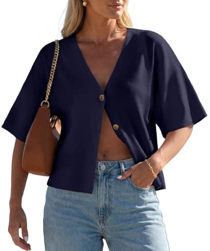 GRECERELLE Women's Summer Lightweight Short Sleeve Cardigans V Neck Casual Knit Button Down Sweater for Work or Vacation, Navy Blue, L