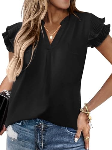 Sucolan Womens Summer Tops Notch V Neck Cute Ruffle Sleeve Blouses Business Dressy Casual Shirts for Women Black XL