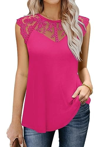 MIHOLL Women's Floral Lace Tank Tops Crew Neck T-Shirts Cap Sleeve Loose Fit Dressy Tunic Blouse(hot Pink,Small)