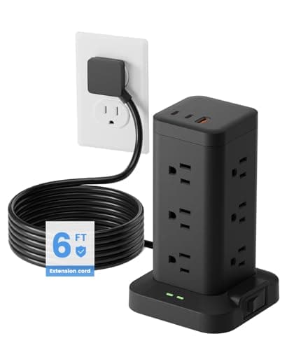 Power Strip Tower with Surge Protector 1800J, Fast Charging Tower PD20W USB-C Ports with 12 AC Outlets, 6ft Extension Cord for Home Office Dorm Room, Black