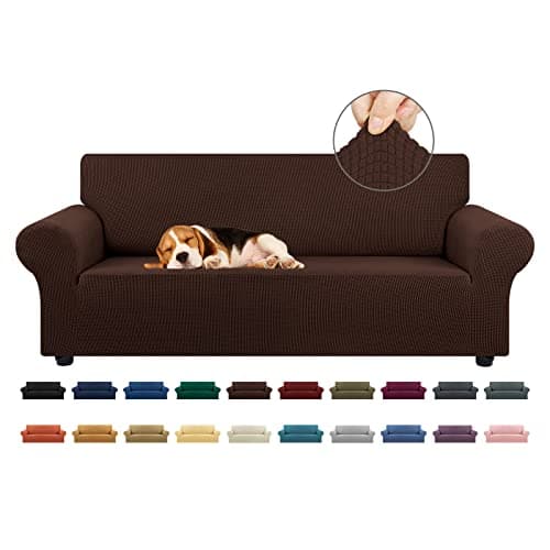 KEKUOU Stretch Sofa Cover Slipcover ,Couch Covers for 3 Cushion Couch Sofa pet Friendly (78"-94") Furniture Protector Sofa with Elastic Bottom for Kids,Dog, Jacquard Small Checked(Large,Chocolate)