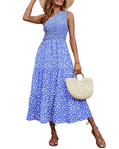 BTFBM 2025 Summer One Shoulder Dresses for Women Casual Sleeveless High Waist Floral Flowy Smocked Boho Beach Maxi Dress(Floral Blue White, Small)