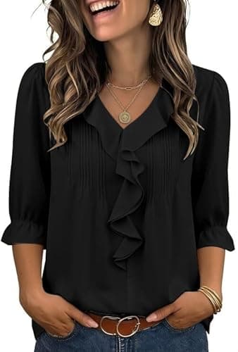 Theenkoln Womens Victorian Ruffle Blouse:3/4 Ruffle Sleeve V-Neck Business Casual Tops Summer Trendy Fashion Work Shirt Black Medium
