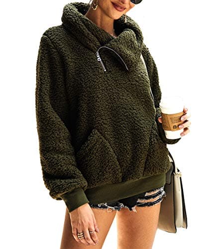 KIRUNDO Winter Clothing for Women Sherpa Pullover Fleece Zip Sweatshirt 2026 Fall Fashion Fuzzy Faux Shearling Warm Outwear(X-Large, Army Green)