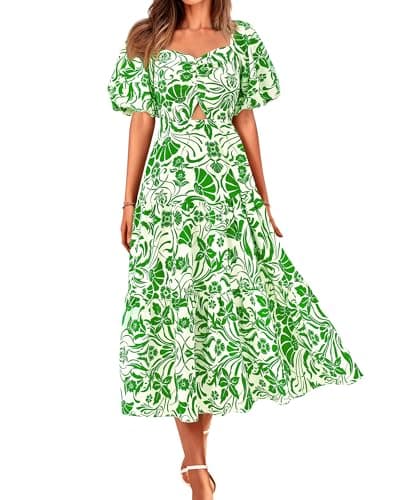 BTFBM Women's Clothing Spring Summer Dresses 2026 Beach Vacation Short Sleeve Smocked Back Boho Casual Floral Maxi Dress(Print Grass Green, Small)