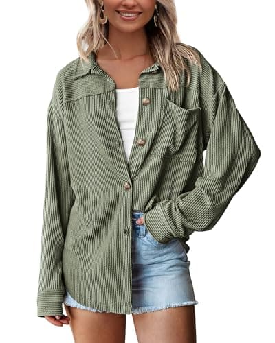 PRETTYGARDEN Women's Button Down Shirts 2026 Spring Long Sleeve Textured Tops Oversized Shacket Jacket Knit Blouses(Sage Green,Large)