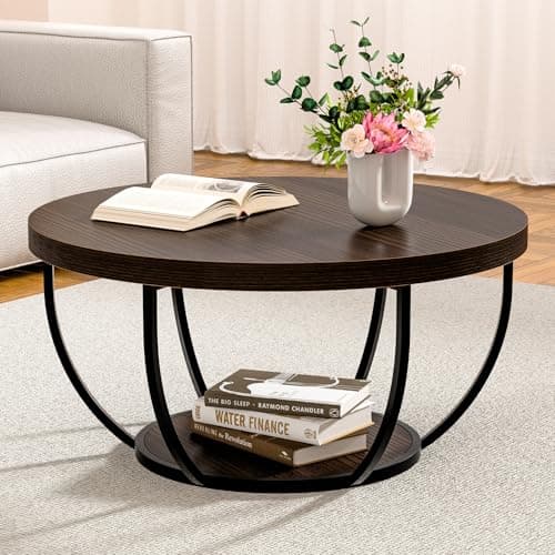 TEROL Round Coffee Table, 31" Coffee Table for Living Room Decor, 2-Tier Storage with Steel Frame, Space-Saving Wood Center Table, Modern Style Easy Assembly (Dark Coffee)
