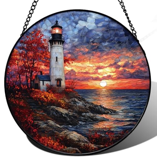 Zizzie Stained Glass Lighthouse Suncatcher, Twilight Ocean Sunset
