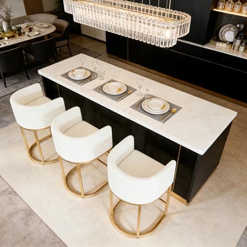 Styecofur Counter Height Bar Stools Set of 3, White and Gold Bar Stools, 26" Modern Barrel Counter Stools with Backrest and Arms, Linen Fabric Upholstered & Metal Base, for Kitchen Island and Bar