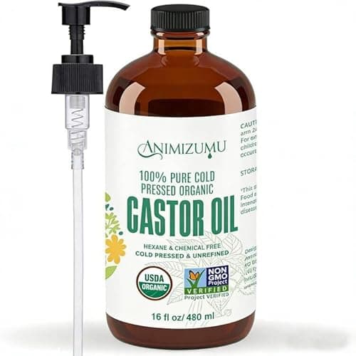 ANIMIZUMU Castor Oil 100% Pure Organic Cold-pressed Unrefined USDA Certified Organic Hexane-free Extra Virgin Used for Hair Growth Eyebrows Eyelashes Skin and Castor Oil Glass Bottles Pack (16fl oz)