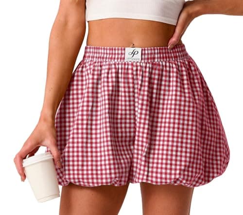 Lepunuo Boxer Shorts for Women Gingham Pajama Summer Casual Bubble Plaid Shorts Y2K Vacation Beach Bottoms