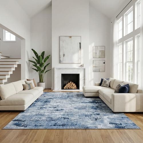 Cnythlis 9'x12' Abstract Distressed Area Rug, Washabele Rugs Modern Contemporary, Soft Low-Pile Carpet for Living Room, Bedroom, Dining Room, Office | Stain-Resistant & Non-Slip, Blue