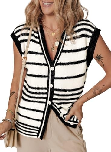 Dokotoo Vest Striped V Neck Button Vest for Women Open Front Short Sleeve Sweater for Women Plus Size Fashion Black X Large