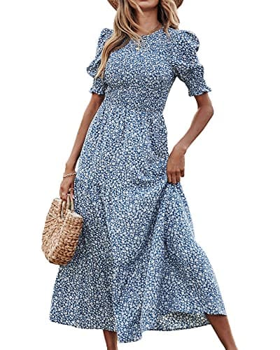 BTFBM Women Casual Summer Dresses 2025 Spring Crew Neck Ruffle Short Sleeve Floral Print Smocked Boho Flowy Maxi Dress(Floral Blue White, Medium)