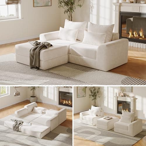 SOFA-IN-BOX Modular loveseat with Ottoman, L-Shape Boneless Couch, Customizable Sectional Couch, Free Combination Design Sleeper Sofa, Cloud Mist