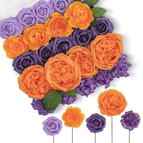 TINGE TIME Artificial Flowers, Fake Rose Silk Dahlia with Stems for DIY Bridal Wedding Bouquets Baby Shower Floral Arrangements Centerpiece Table Party Home Decorations (Burnt Orange and Purple)