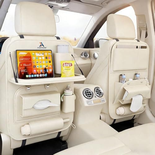 FASTAGEI 2 Pack Universal Premium Leather Foldable Car Backseat Organizer with Table Tray, Car Seat Back Protector with Garbage Bag Touch Screen Pad Holder, Car Kick Mats with Tissue Box (Beige)