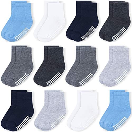 JAKIDAR 12 Pack Baby Toddler Socks Non Slip Grip Cotton Crew Socks for Boys Girls Infants Kids, Sky Blue, 6-12 Months