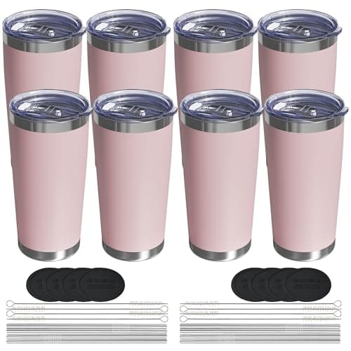 UIRZOTN Travel Coffee Tumbler 20oz, 8 Pack Leakproof Travel Coffee Mug with Lid and Straw, Stainless Steel Double Wall Vacuum Insulated Tumbler for Hot/Iced Drinks (Textured Matte, Soft Pink)