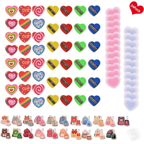 Eossth 24 Pack 144Pcs Class Redwards for Kids Classroom,with Acrylic Keychain,Greeting Card,Post-it notes,Eraser,Pencil Sharpener,Packaging bag,Party Favor for School Gift Exchange