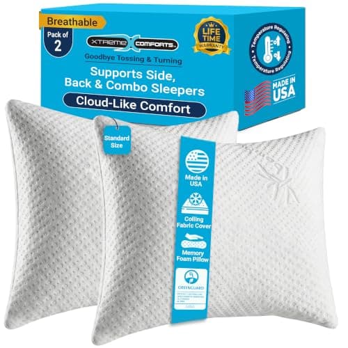 Xtreme Comforts Memory Foam Pillows | GREENGUARD Certified Shredded Foam Fill for Personalized Support | Slim Cooling Pillow for Sleeping on Side, Back & Stomach | 2 Pillows Standard Size