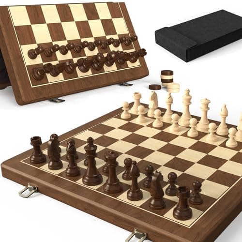 Premium Natural Walnut 15" Magnetic Wooden Folding Chess & Checkers Set- 2 in 1 Board Game with 3" King Staunton Pieces and 2 Extra Queens, Checkers, and Dust-Proof Storage Bag (Black)