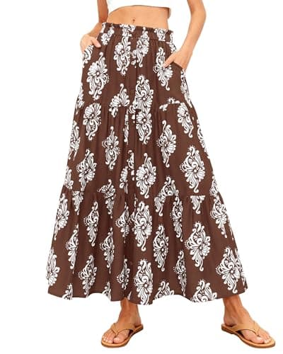 BTFBM Long Skirts for Women Summer 2026 Elastic High Waist Flowy A Line Casual Boho Tiered Floral Maxi Skirt Pockets(Brown White Flower, Large)