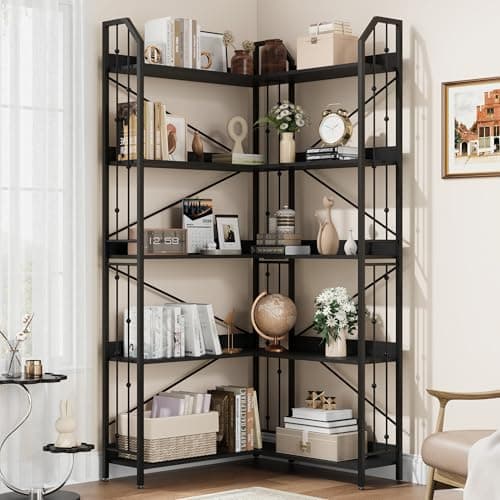 GarveeHome Corner Bookshelf 72" L Shaped Bookcase, Corner Bookshelves Industrial Bookcase 5 Tier L-Shape Bookshelf, Large Bookcases with Beaded Design Tall Display Rack Shelf for Living Room Bedroom