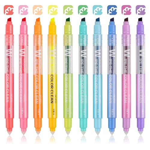 HANKU Erasable Highlighters Assorted Colors Pens, Dual Tip 10 Colors Erasable Markers, Smooth Writing Book Journaling Highlighters for Journaling Coloring Doodling Supplies