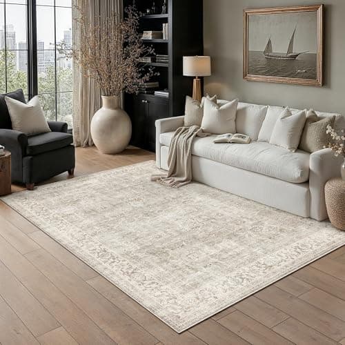 HUGEAR 5x7 Area Rugs Machine Washable Retro Grey Living Room Bedroom Rug Distressed Vintage Neutral Stain Resistant Non Slip Low Pile Throw Carpet for Home Aesthetic Decor