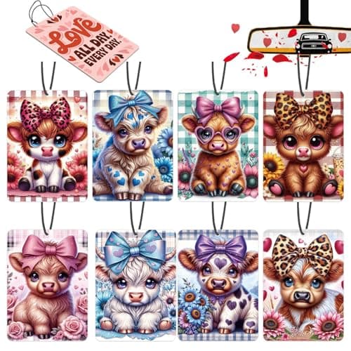Car Air Fresheners Highland Cow Gifts Ornament for her 8 Pack, Cute Cow Hanging Car Accessories Interior for Women Wife Girls Lover Home Decorations Gift Birthday Party Valentines Day Gifts
