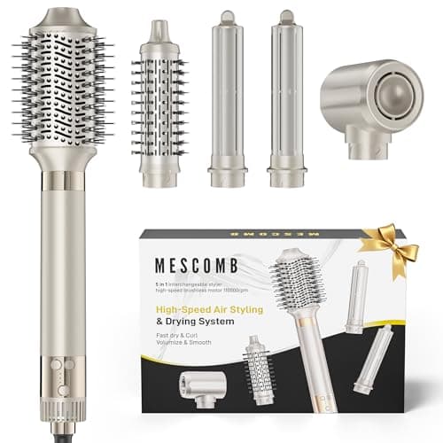 MESCOMB Upgraded 5 in 1 Hot Air Styler – 110,000 RPM Hair Dryer Brush with Automatic Curling Barrel, Volumizer for Curl, Smooth & Blowout, Anti-Frizz & No Heat Damage (Champagne)