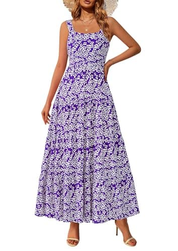 PRETTYGARDEN Women's Summer Floral Maxi Dress Sleeveless Smocked Ruffle Long Flowy Beach Vacation Boho Sundresses (Floral Purple White,Medium)