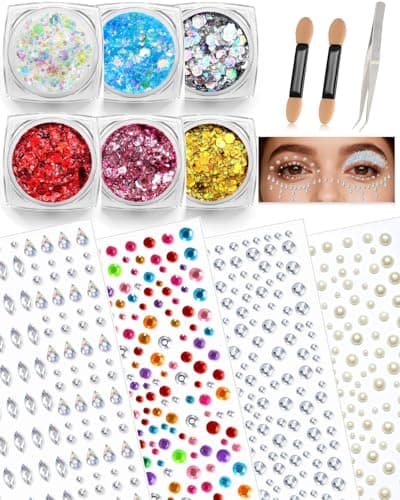 1440pcs Face Glitter Gems Set for Women: 6 Face Body Glitter Gel & 4 Self Adhesive Gem Stickers, Sparkly Rhinestone Stickers Hair Jewels Kit Girls Valentines Party Makeup Accessories (Water Droplets)