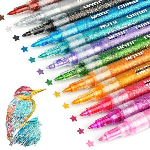 HOTU Glitter Markers Pen, 12 Glitter Colors Paint Pens Sparkly Metallic Shimmer Acrylic Marker Fine Point Tip 0.7mm Water-based Ink for Adults DIY Crafts Greeting Birthday Cards