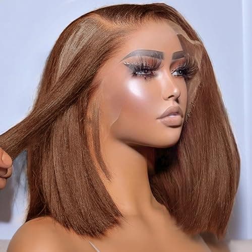 FFEGG Bob Wig Human Hair 13x4 Chocolate Brown Lace Frontal Wigs Human Hair Straight Short Bob Wigs for Black Women 100% Human Hair Wig Pre Plucked Brown Color 10 Inch