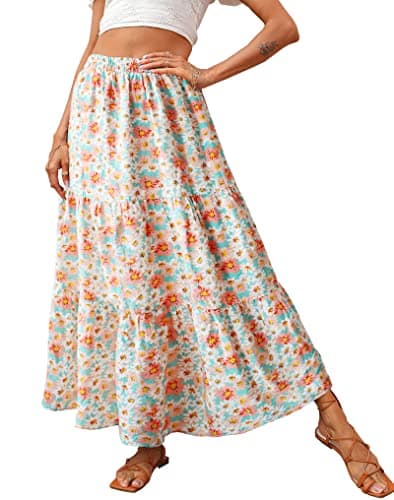 KIRUNDO Women 2026 Spring Summer High Waist Boho Floral Maxi Skirt Trendy Casual Flowy Swing Pleated A Line Beach Long Skirts(Green, Medium)
