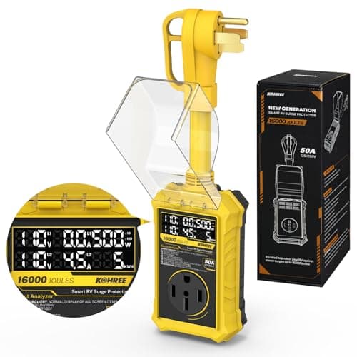 Kohree RV Surge Protector 50 Amp, RV Power Surge Voltage Protection, RV Adapter Plug with Real-Time Circuit Analyzer Smart Auto Shut Off LED Large Screen for Travel Trailers Camper, 50A 16000J-Yellow