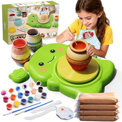 Skirfy Mini Pottery Wheel Kit for Beginners Kids,Electric Ceramic Wheel with Foot Pedal&Painting Kit, Adjustable Speed,Clay Spinner DIY Tools for Art Craft Birthday (Green Dinosaur)