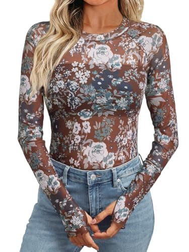 Dealmore Womens Mesh Sheer Lace Going Out Slim Fitted See Through Tops Spring Fashion Clothes 2026 Outfits Brown M